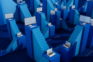 Technological background with computers on stairs showcasing workflow