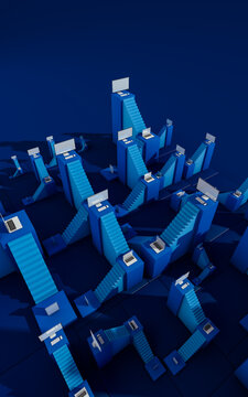 Technological background with computers on stairs showcasing workflow