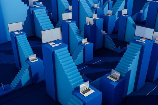 Technological background with computers on stairs showcasing workflow