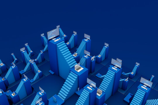 Technological background with computers on stairs showcasing workflow