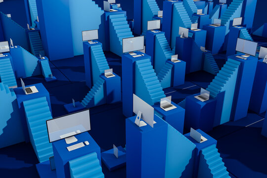 Technological background with computers on stairs showcasing workflow