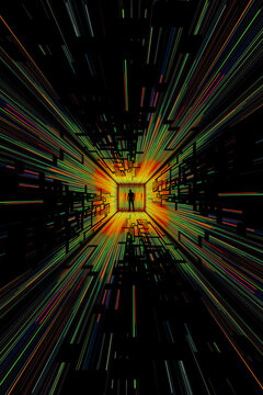 Man silhouette in virtual tunnel space surrounded by colorful patterns