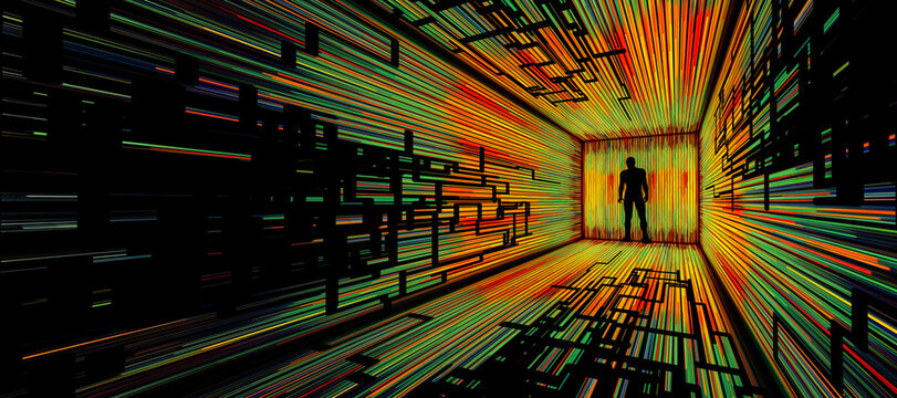 Man silhouette in virtual tunnel space surrounded by colorful patterns