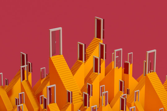 Colorful staircase with open doors leading to another dimension