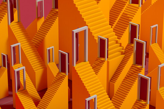 Colorful staircase with open doors leading to another dimension