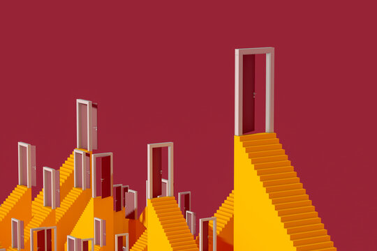 Colorful staircase with open doors leading to another dimension