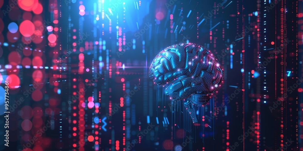 Poster AI and machine learning technology concept with digital data analysis and abstract futuristic background