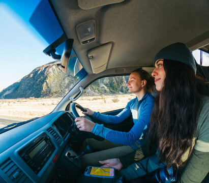 Road trip in camper van in winter in New Zealand