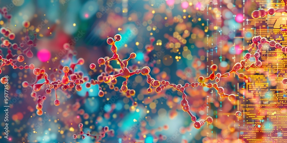 Aufkleber artistic depiction of molecular structures in bright colors, set against a digital background of gen