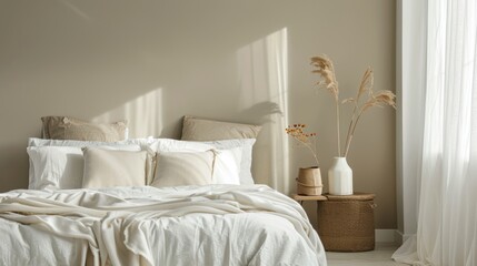 Tranquil Oasis. Serene bedroom with neutral colors, soft bedding, and minimalist decor concept