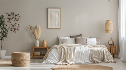 Tranquil Retreat. Serene bedroom with neutral colors, soft bedding, and minimalist decor.