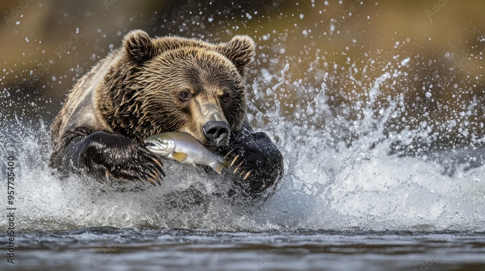 Wall mural grizzly bear catching salmon in river