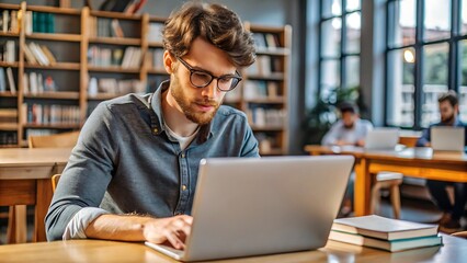 Young Man Working on Laptop in Library.
