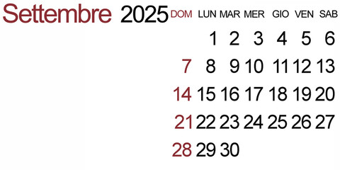 Obraz premium September 2025 calendar on white background. Calendar written in Italian language. Blank space to insert logo, image or text.
