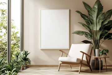 Poster Frame in Beige minimalist living room interior created with generative AI