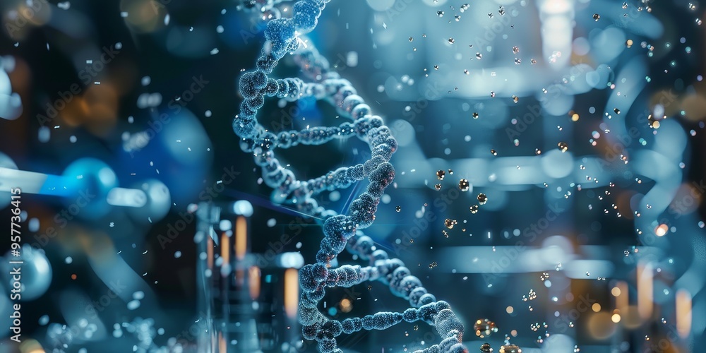 Poster High-quality image of a DNA molecule, showcasing its intricate structure, placed over a background of laboratory research tools