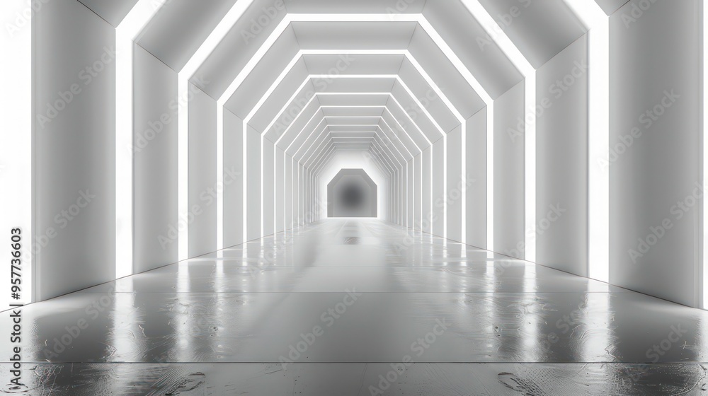 Poster white hexagonal corridor with bright lights and a reflective floor.