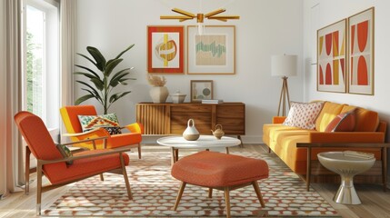 Stylish Mid-Century Modern Living Room. Timeless Elegance and Vibrant Design