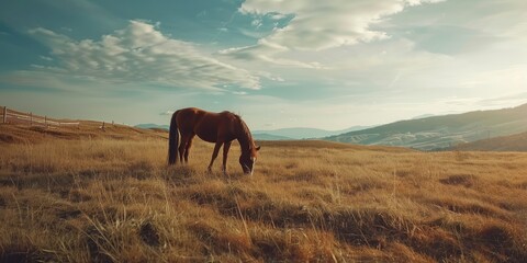 Obraz premium A brown horse peacefully grazing in a stunning field