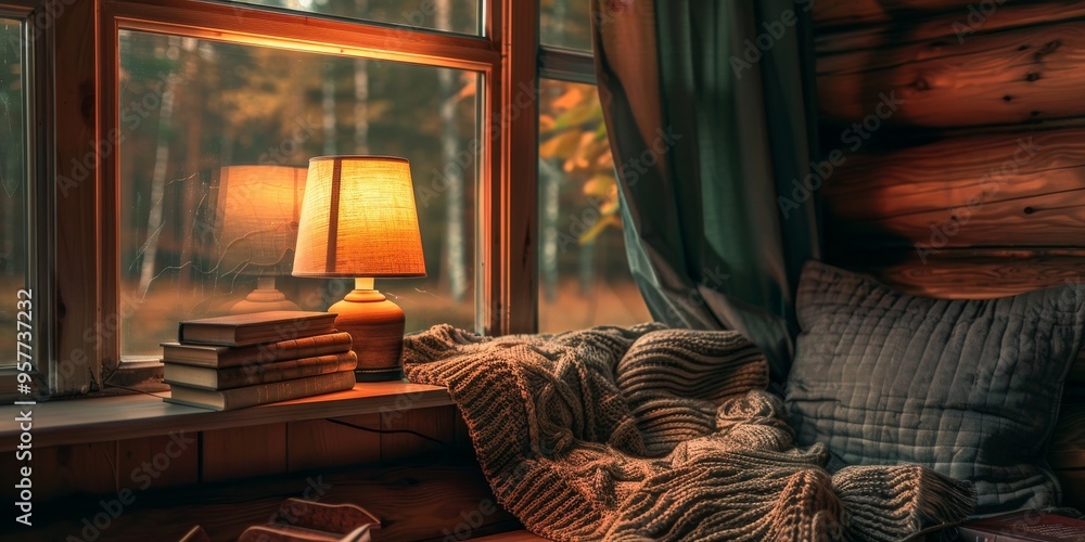 Aufkleber a cozy reading nook with a lamp casting a warm glow on a stack of books, inviting relaxation and lit