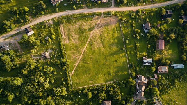 Aerial view of a clear grassy lot surrounded by greenery and houses on a sunny day in a rural area