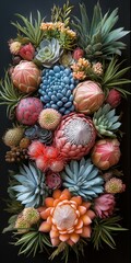 Fototapeta premium Digital painting of vibrant succulent plants and colorful flowers with dark background
