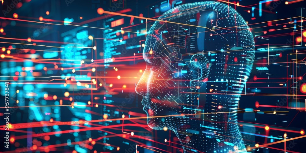 Poster Machine learning and AI technology concept with digital data processing on abstract technological background