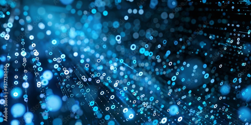 Aufkleber Quantum computing concept with abstract digital particles and binary code, symbolizing advanced computing technology