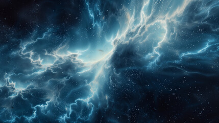 Deep space nebula with glowing blue clouds and starry sky
