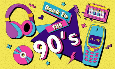 Back in to 90's. Forever young. The 90's style label. Let's go retro party 90's. Vector illustration