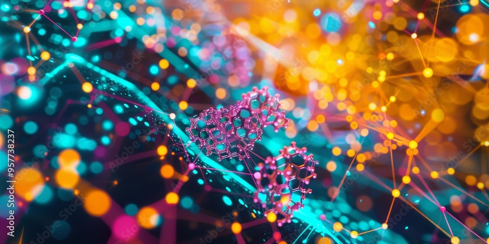 Poster Abstract visualization of a molecular structure, with vibrant hues, placed over a high-tech lab environment