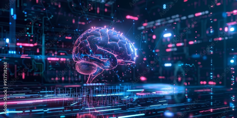 Poster Abstract machine learning concept with AI technology and digital data flow on futuristic background