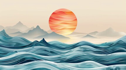 Abstract Sunset Over Blue Water with Silhouetted Mountains