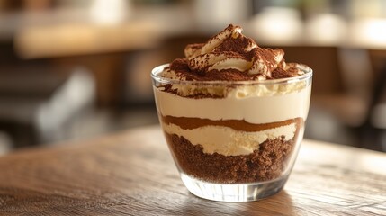 tiramisu in a transparent round cup, dessert, cake, sweets