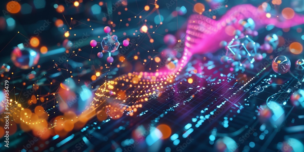 Poster Abstract visualization of a molecular structure, with vibrant hues, placed over a high-tech lab environment