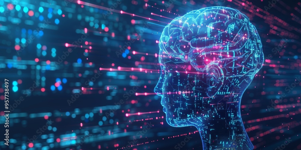 Poster Abstract machine learning concept with AI technology and digital data flow on futuristic background
