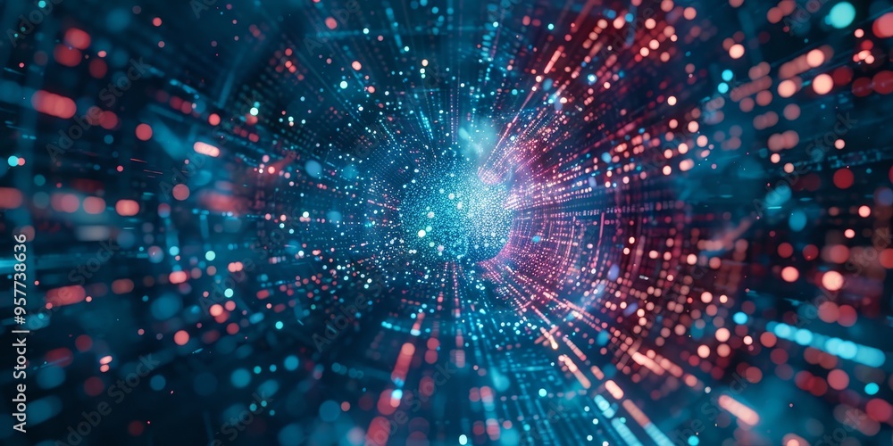Aufkleber Quantum computing concept with abstract digital particles and binary code, symbolizing advanced computing technology