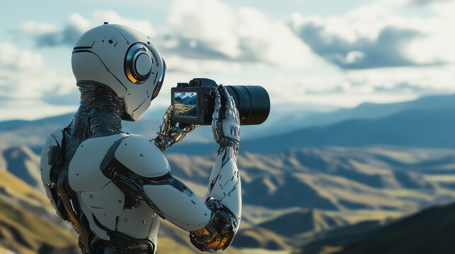 A robot using a DSLR camera to take a picture of a beautiful landscape
