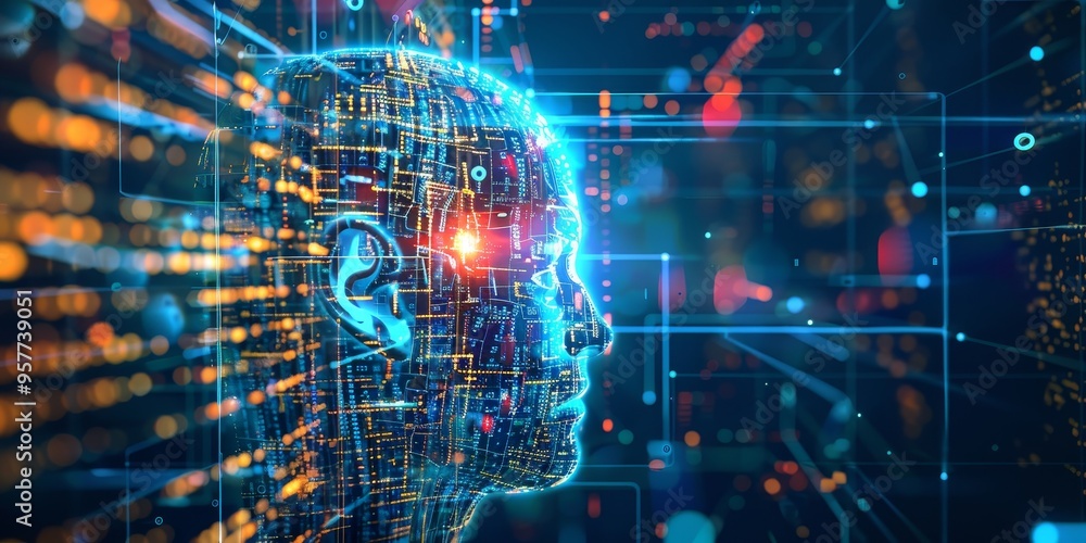 Poster Machine learning algorithms and artificial intelligence technology concept with digital data flow on abstract background