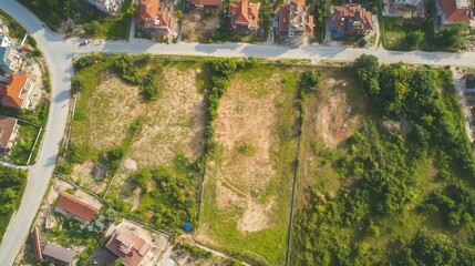 Aerial view of vacant land parcels surrounded by residential houses in a suburban neighborhood during daytime