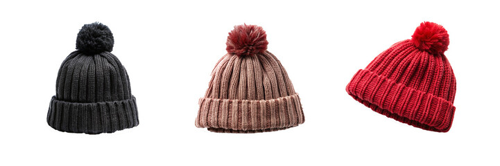 Woven Black Knit Hat Collection with Pom Pom - Transparent PNG Graphic