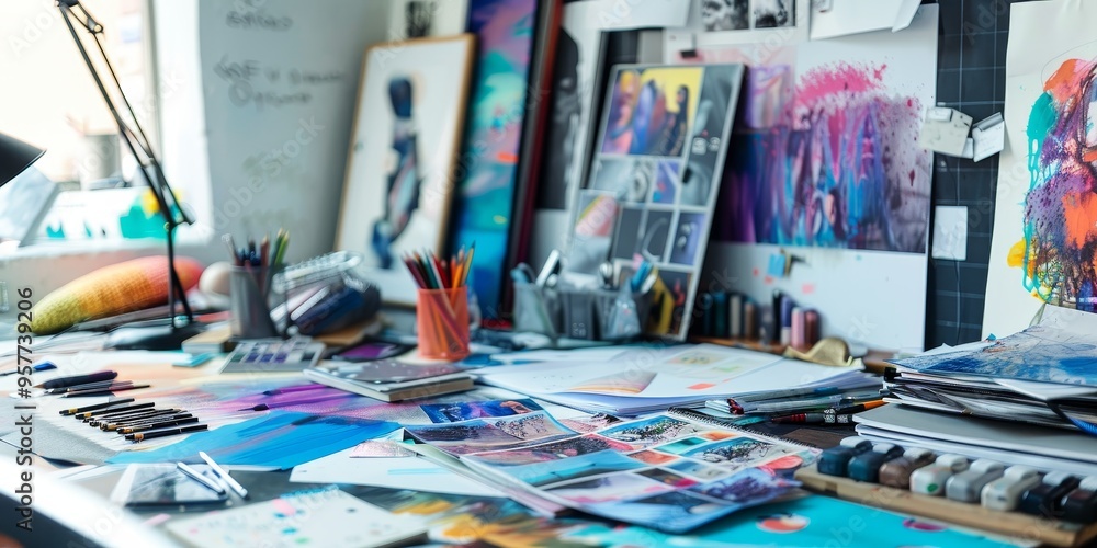 Poster Creative workspace with a mood board and sketches inspiring a new web design project