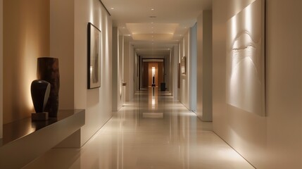 Modern Minimalist Hallway with Sleek Recessed Lighting and Artful Decor