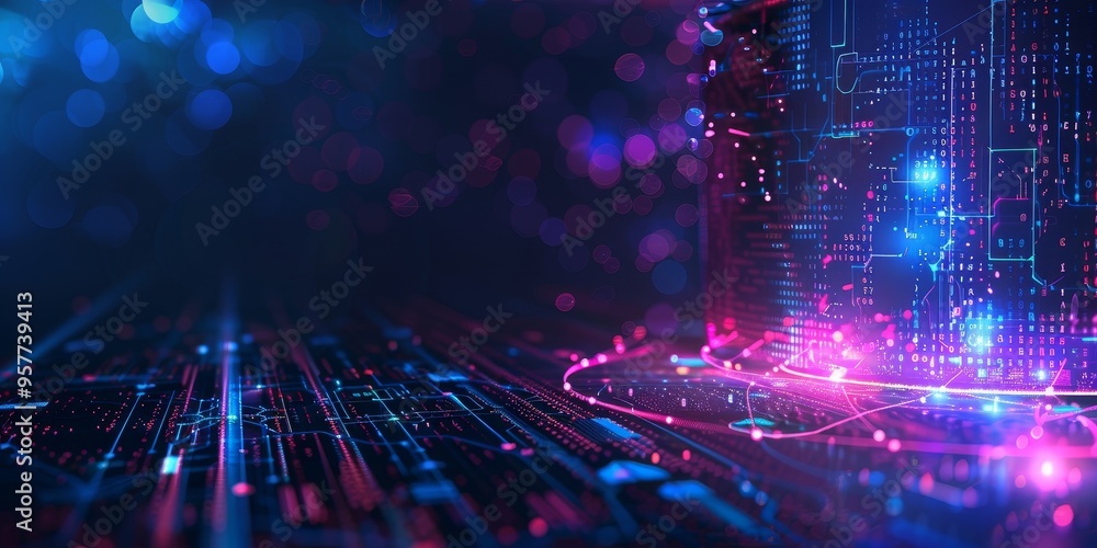 Poster Digital data flow concept with machine learning and AI technology on abstract futuristic background