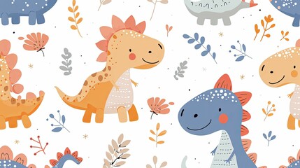 Cartoon Dinosaurs and Floral Elements Seamless Pattern