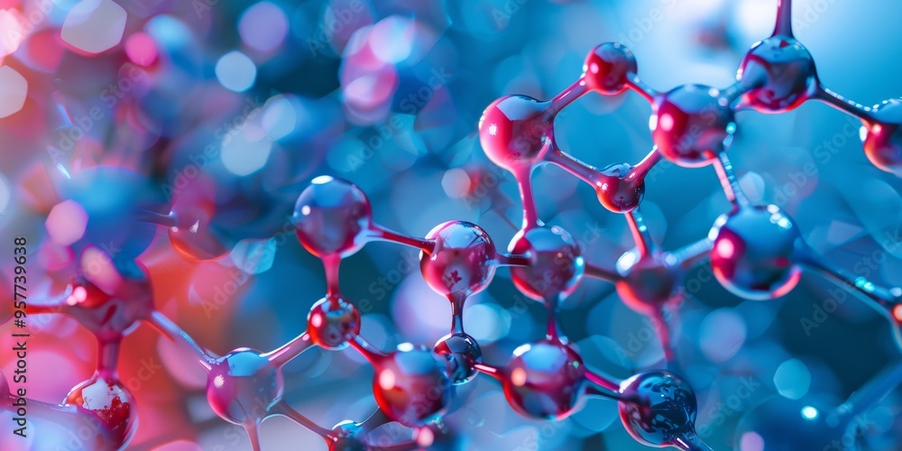 Poster Close-up view of a complex molecular structure, with vividly colored atoms and bonds, overlaid on a research lab scene