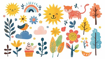 Colorful Cartoon Illustrations of Nature Elements and Animals