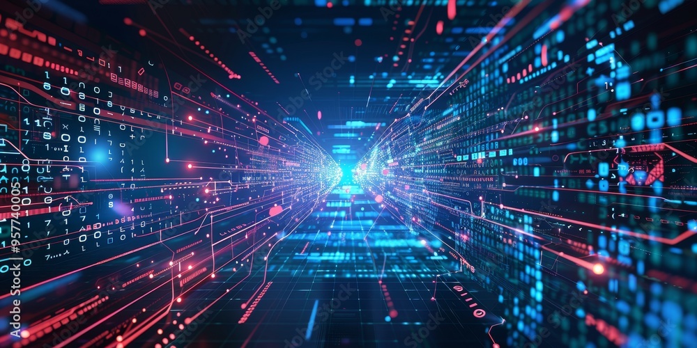 Poster Digital data flow concept with machine learning and AI technology on abstract futuristic background