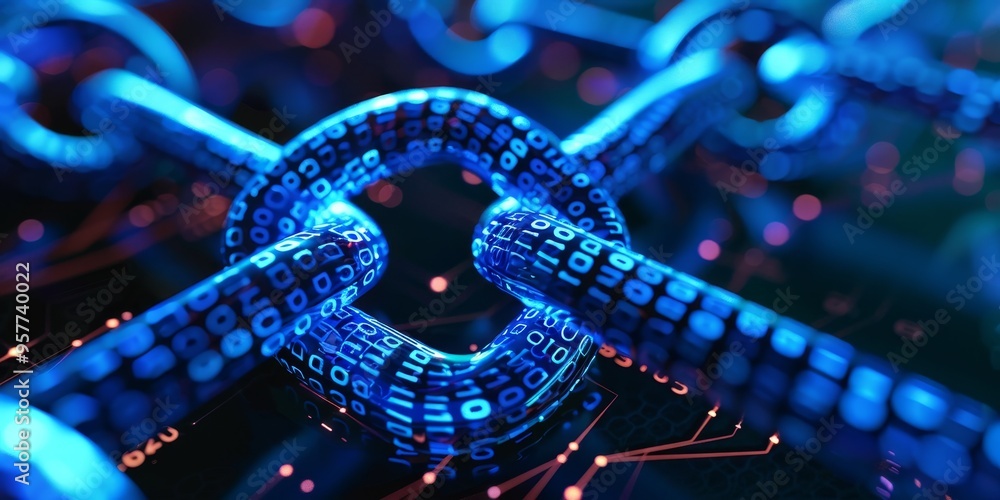 Poster Blockchain technology concept with digital chain and secure transactions, symbolizing decentralized finance and cryptography