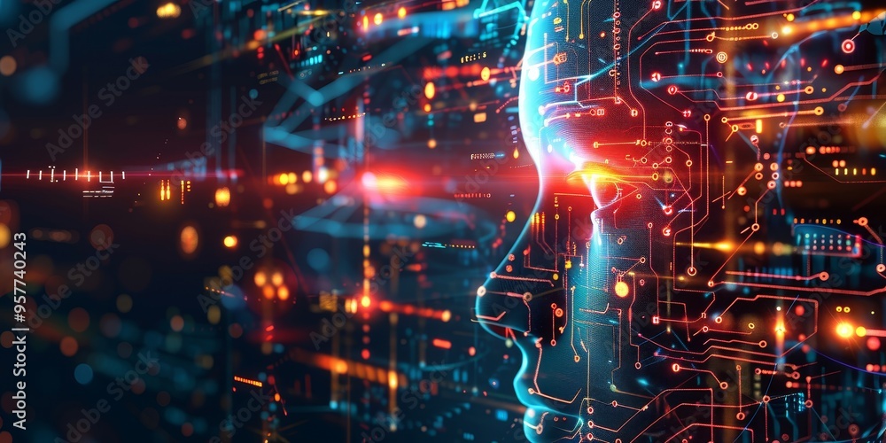 Poster Machine learning and artificial intelligence technology with digital data processing on abstract futuristic background